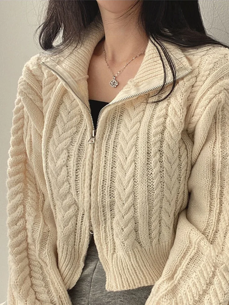 Autumn and Winter Fashion New Women's Long-sleeved Zipper Sweater Slim-fitting Elegant Lapel Top Knitwear