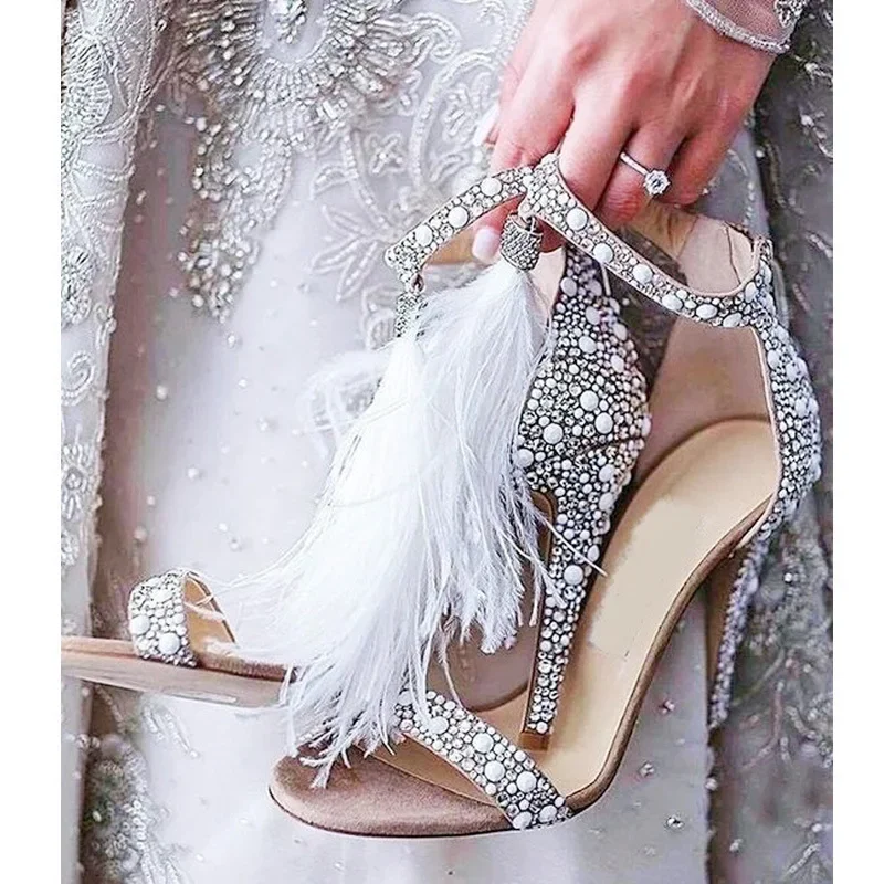 Women Sandals Summer Ladies Round Toe Sequined Cloth 11.5CM Thin High heels Slip On ZIP Rhinestones Bling women shoes size 35-42