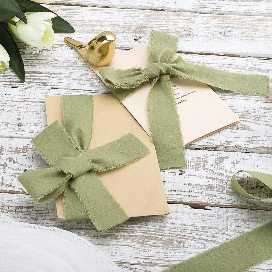 Wedding Decor Supplies Printed Satin Ribbon Ins 5 Yards Wide 3.8cm Cotton ribbon Green DIY Gift Box Packaging Wedding Flower Bouquet Wrap Decoration Frayed Edge
