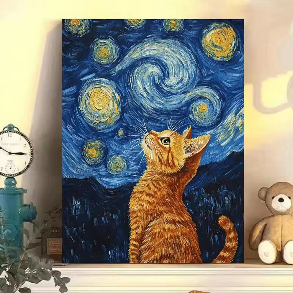 Van Gogh Starry Sky Cat Paint by Numbers Canvas Kit - Relaxing Hobby & Home Decor Gift
