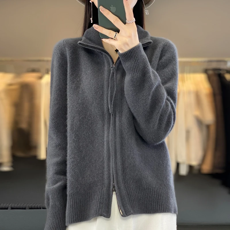 100% Merino wool sweater Autumn winter new women's lapel double zipper shirt fashion solid color knitted warm base shirt top 3