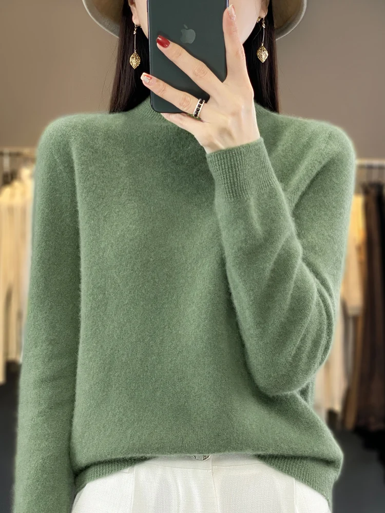 

100% Merino Wool Pullover Sweater Women Mock Neck Basic Long Sleeve Autumn Winter Cashmere Knitted Jumper Korean Fashion Tops