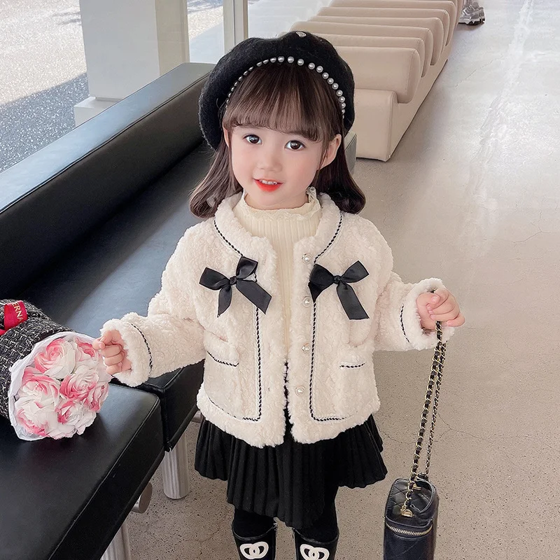 

Girls Coat Jacket Winter Cotton Windbreak 2023 Bow Warm Plus Thicken Furs Overcoat High Quality Children's Clothing