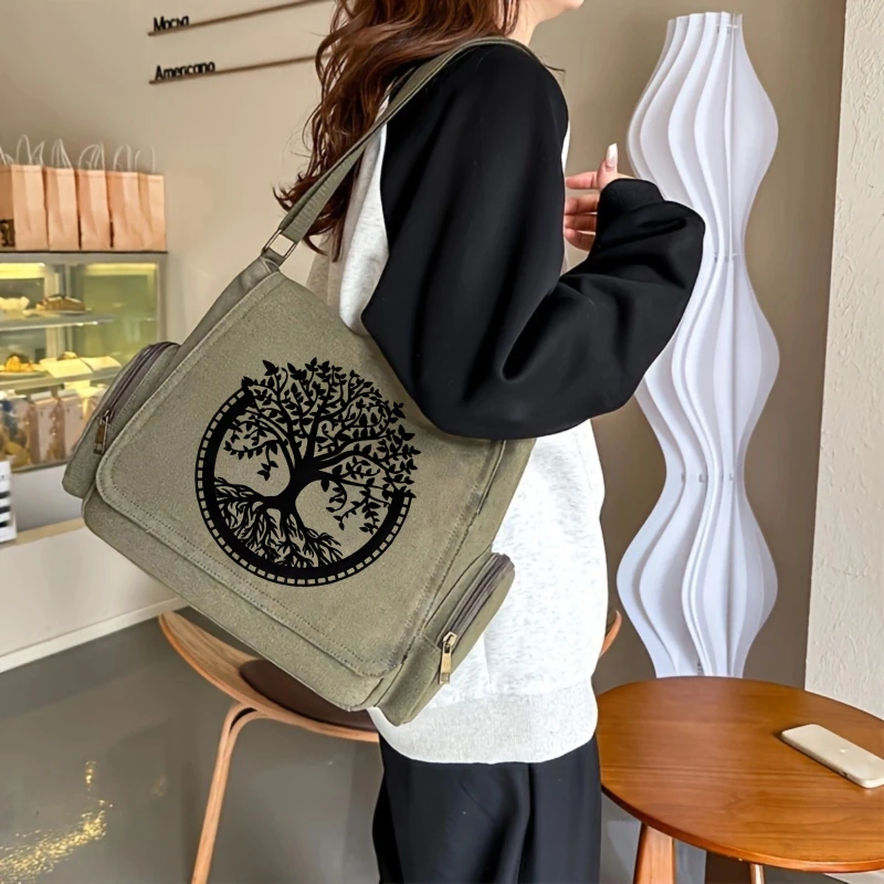 Vintage Women's Shoulder Bag Large Capacity Crossbody Bag Messenger Bag For Women Laptop Bag Canvas Tree Print