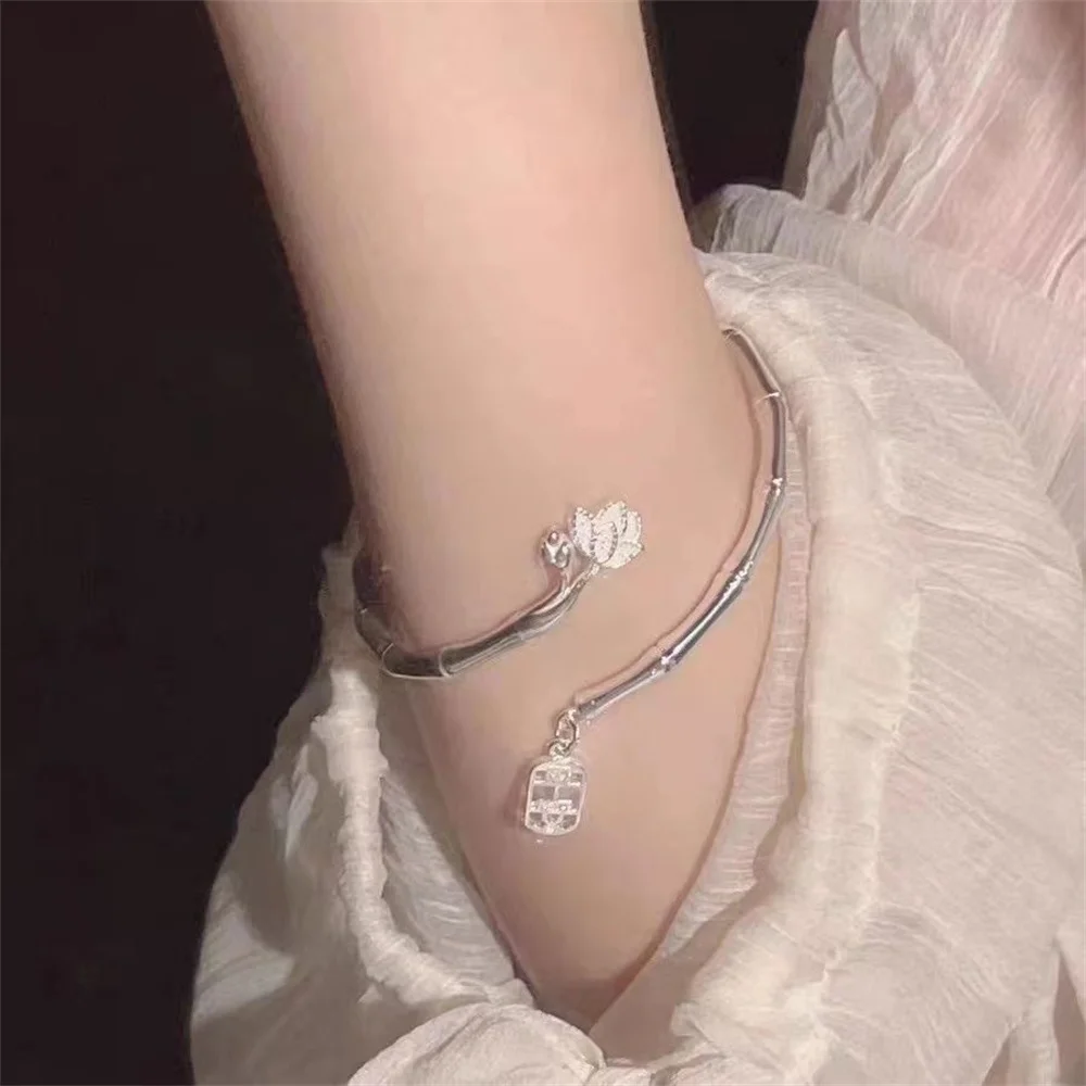 Bamboo Bracelet For Women Silver Color Fashion Lotus Flower Make A Wish Women Jewelry Birthday Present Gift