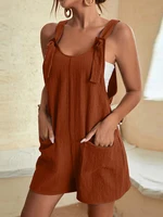 Femmes été décontracté barboteuses courtes élégant solide sans manches cravate noeud sangle combinaisons Vintage Harajuku salopette ample avec poches 5