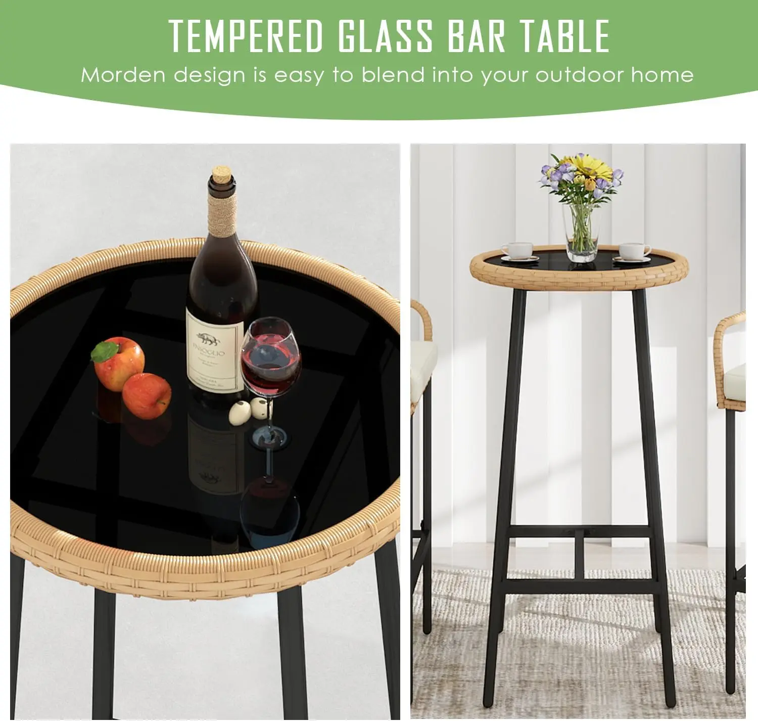 3 Pieces Patio Bar Table Set, Outdoor Wicker Bar, All Weather Height Bar Stools and Table Set, for Garden, Deck, Balcony