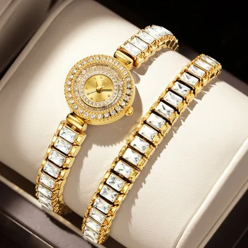 YaLaLuSi 1pc Ladies Sparkling Quartz Watch Deluxe Rhinestone Wrap Wristband Design Stylish Gold Bright Eyes Gift Set