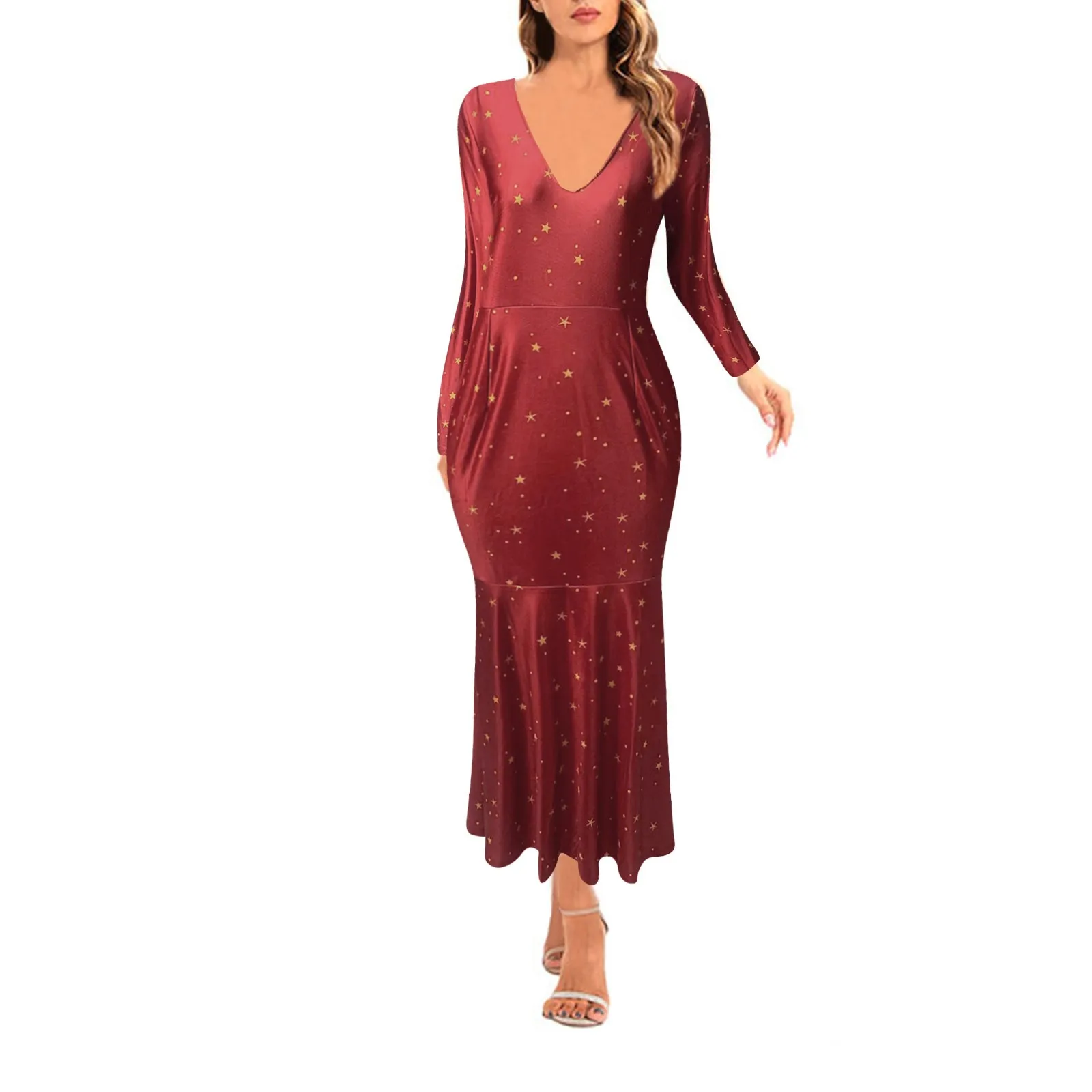 

Women's Sexy V Neck Fashion Print High Waist Slim Long Sleeve Hip Party Dress Ladies Formal Evening Dresses Vestidos Mujer Robes