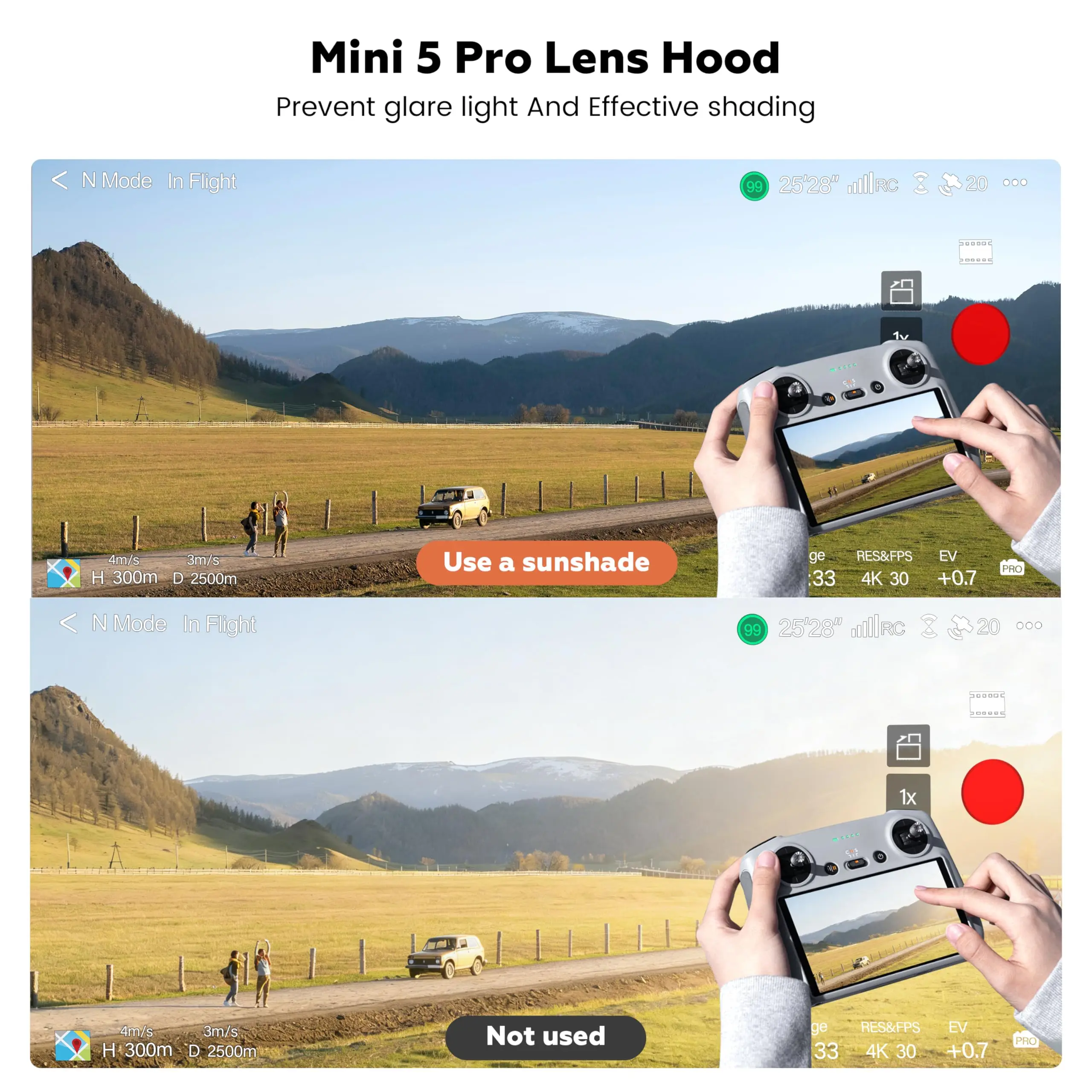 Pare-soleil anti-éblouissement sur DJI Mini 5 Pro, avec le drone posé sur une surface plane, cardan visiblement protégé.