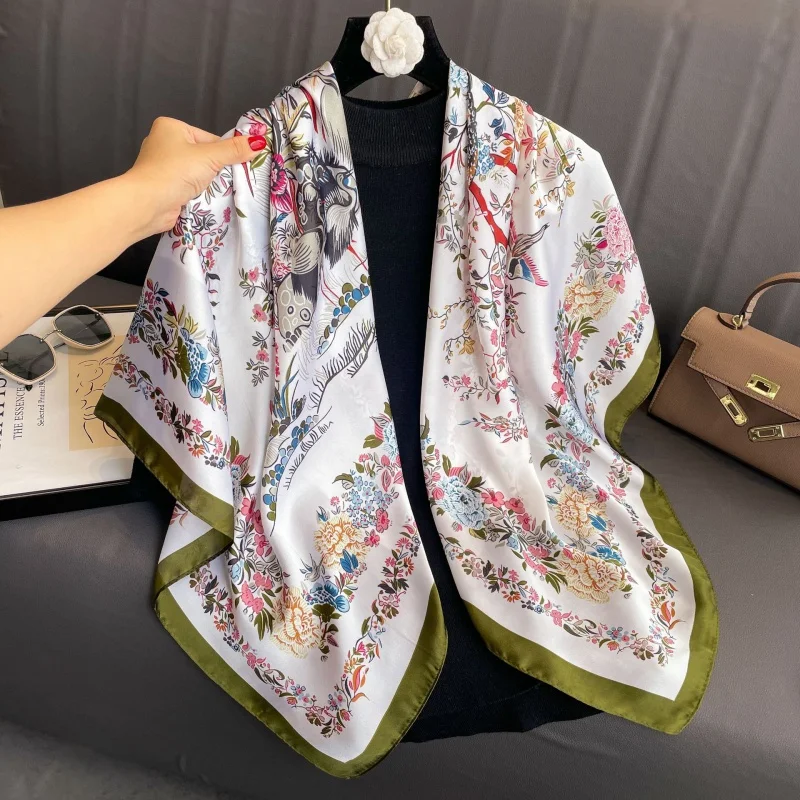 

New 110cm Brocade Satin Elegant Flower and Bird Series Printed Women's Thin Cape Casual Lead Horse Scarf Silk Scarf Cloak