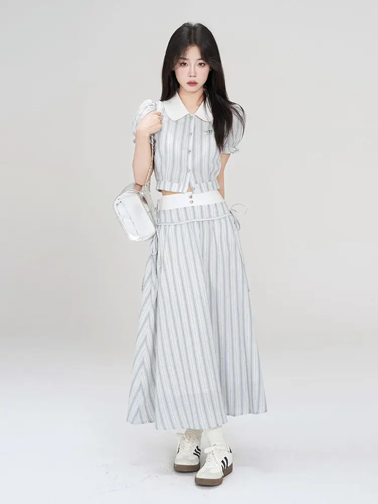 Korea Two Piece Set Women Outfits Summer Fashion Skirts Set Stripe Versatile Doll Neck Short Sleeve Shirt Half Long Skirt