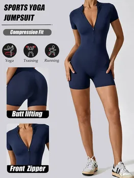 Combinaison de sport pour femmes, combinaison de yoga à manches courtes, design avec fermeture éclair sur le devant, combinaison confortable toutes saisons pour un usage quotidien, fitness Ae