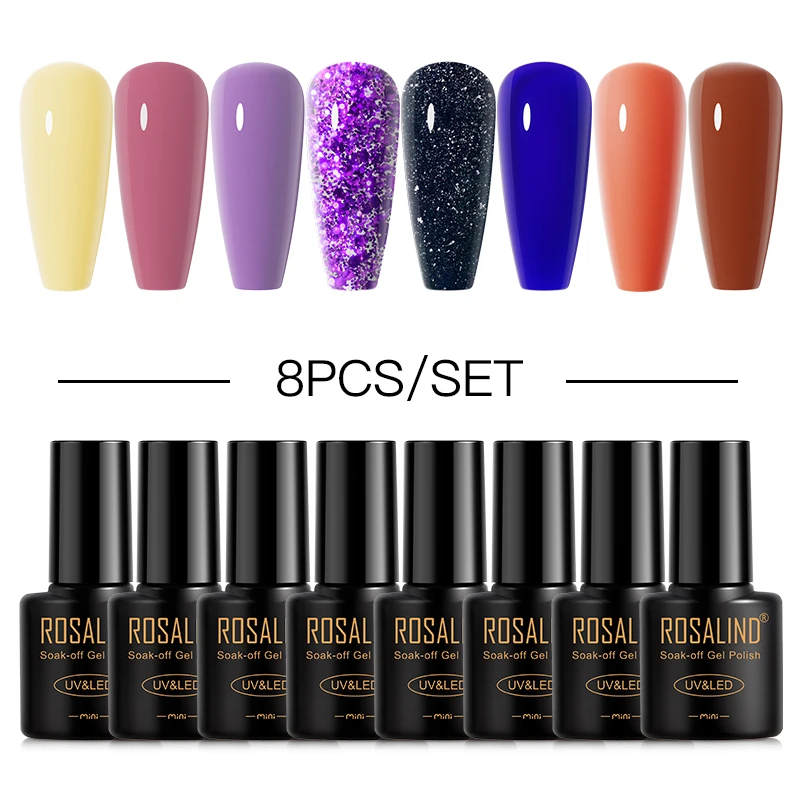 

ROSALIND Shiny Colorful Gel Nail Polish Kit Semi Permanent Soak Off UV/Led Lamp Base Top Coat Nail Enhancement Nail Art 8/10pcs