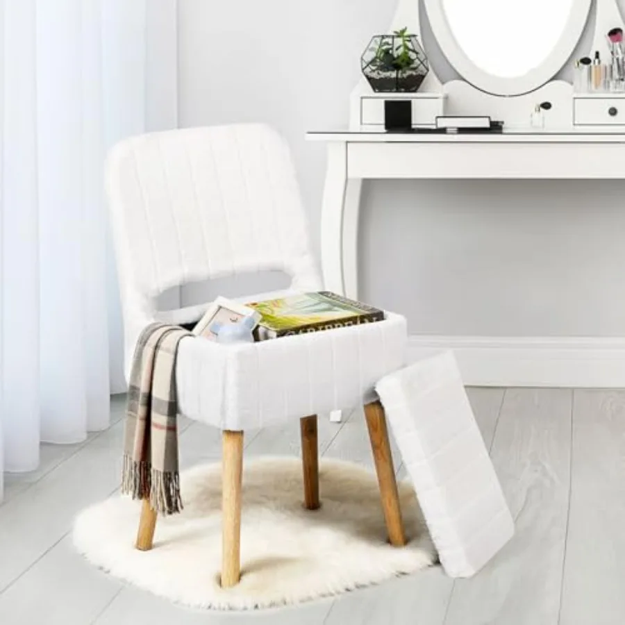 Vanity Stool Chair with Storage and Folding Back Faux Fur Soft Padded Seat Ottoman 4 Solid Wood Legs with Anti-Slip Feet Stool