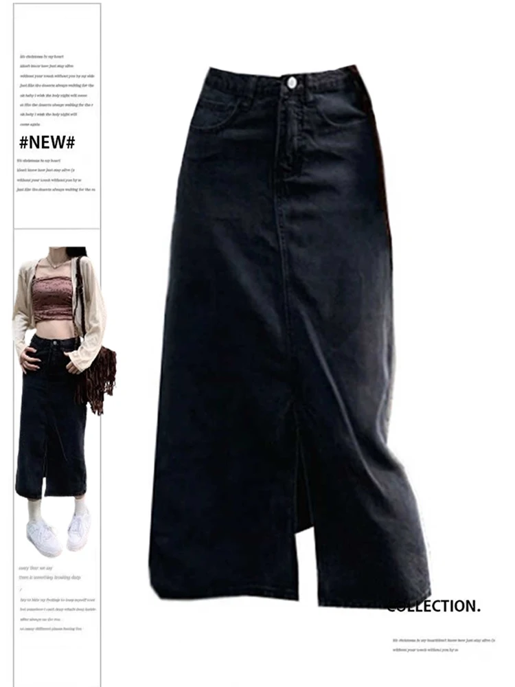 

Women's Black Gothic A-line Denim Skirt with Slit Vintage Y2k Long Cowboy Skirts Harajuku Korean Jean Skirt 2000s Clothes Summer