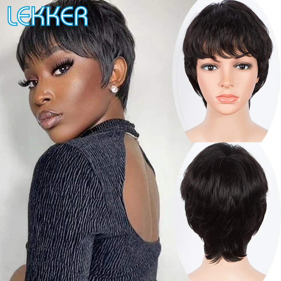 Lekker Short Straight Pixie Bob Human Hair Wig With Bangs For Women Colored Brazilian Remy Natural Hair Ombre Brown Burg Red Wig human hair wigs