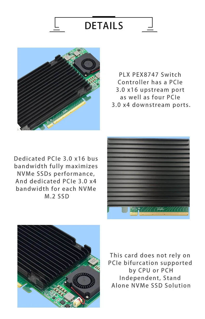 Description Picture 4 of item4 M.2 NVMe SSD PCIe x16 Adapter with PLX 8747 PCI Express 3.0 x16 Switch to 4 Ports M.2 Adapter Card---STC PE3162-4I