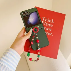 Bling Glitter Colorful Bead Wrist Chain Strap Bracelet with PU Leather Cover for Samsung Galaxy Z Flip 5 (Green)