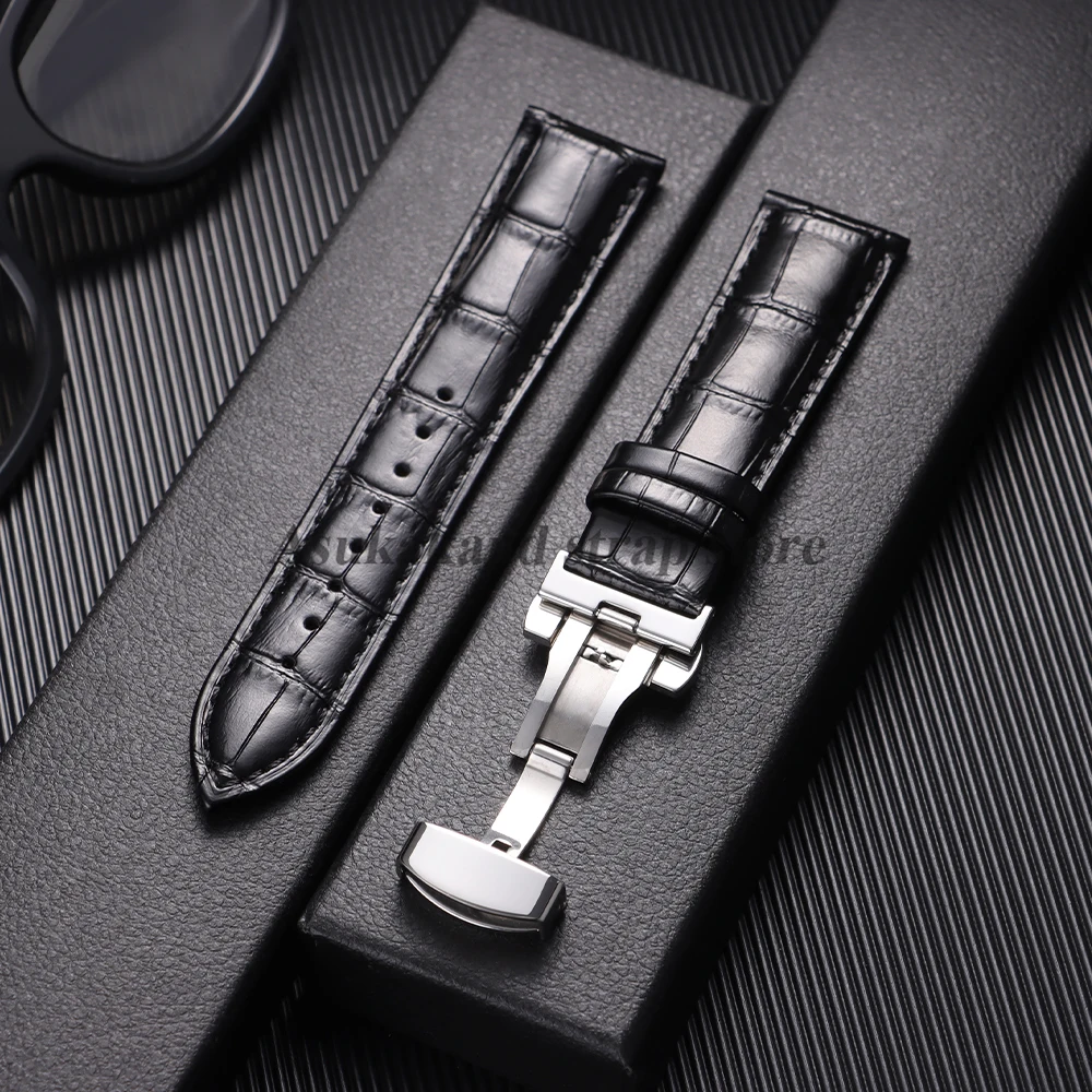 Luxurious Genuine Calfskin Leather Watchband with Butterfly Buckle Closure