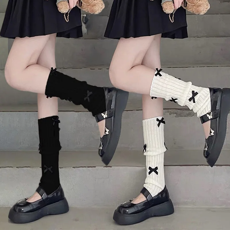 

Women Bowknot Leg Warmers Japanese Bow JK Knitted Wool Lolita Leg Socks Winter Autumn Y2k Stocking Harajuku Foot Cover Pile Sock