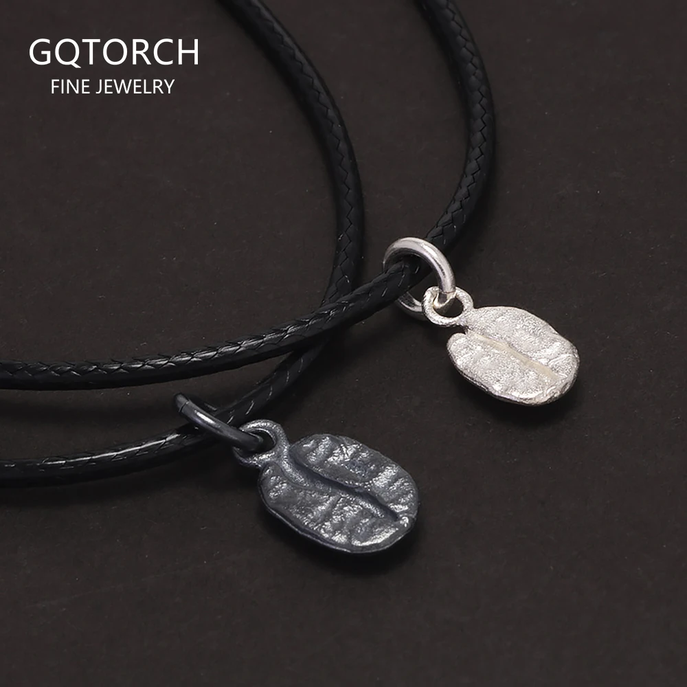 925 Sterling Silver Small Coffee Bean Pendant Necklace for Couples Black Leather Cord Chain Vintage Simple Trend Jewelry