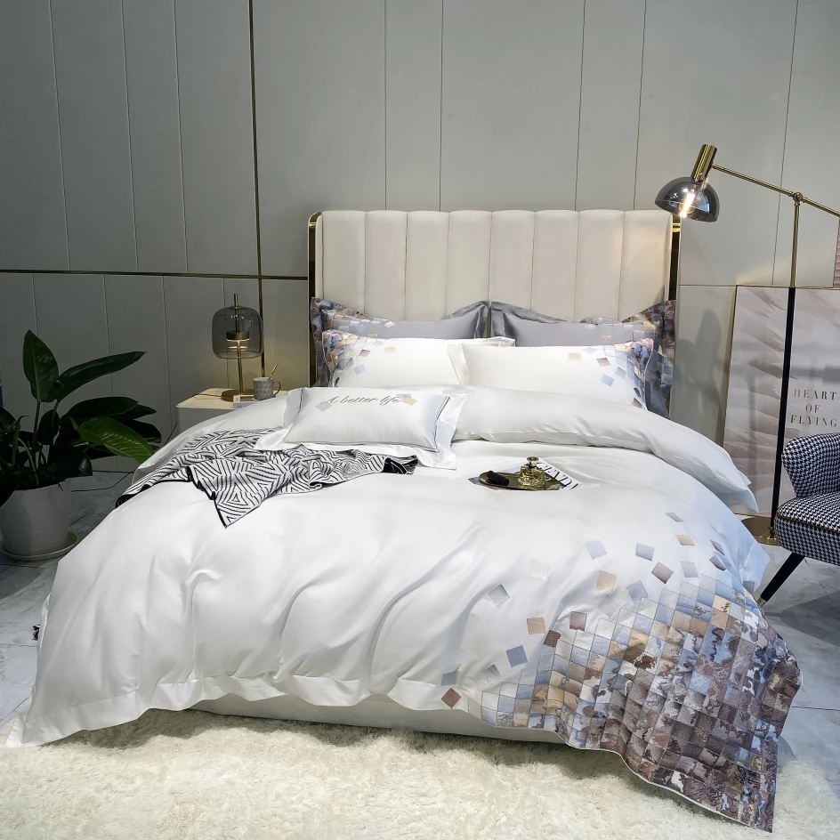 

New Egyptian Cotton Embroidery Bedding Set Four Piece Queen Size King Size Duvet Cover Bed Sheet Pillow Cover White