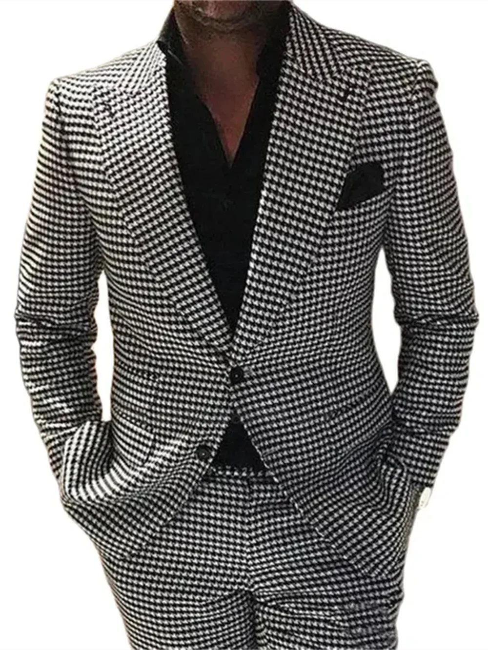 2 Piece Plaid Men Suits for Wedding Houndstooth Checkered Groom Tuxedos Male Fashion Clothes Costumes Set Jacket with Pants 2