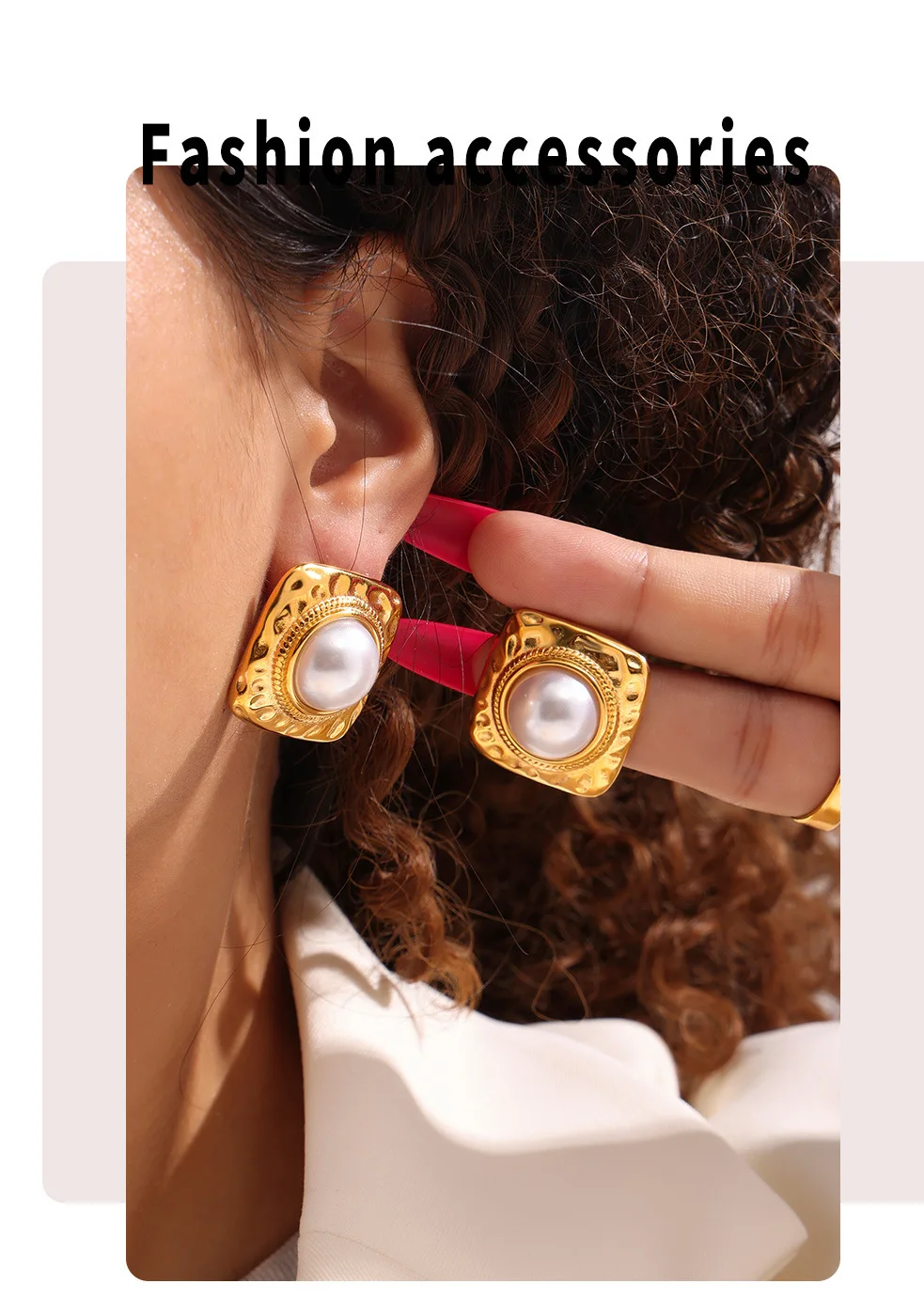 Modische Imitationsperlen-Ohrringe für Damen, 316 Edelstahl, vergoldet, quadratische Ohrstecker, Vintage-Schmuck-Accessoire, Geschenk – Detail 4