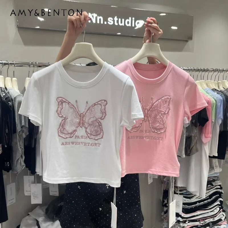 Women's Short-Sleeved T-shirt Summer New Machine Embroidery Sequined Butterfly Western Style Slim Fit Hot Girl Kawaii Short Top