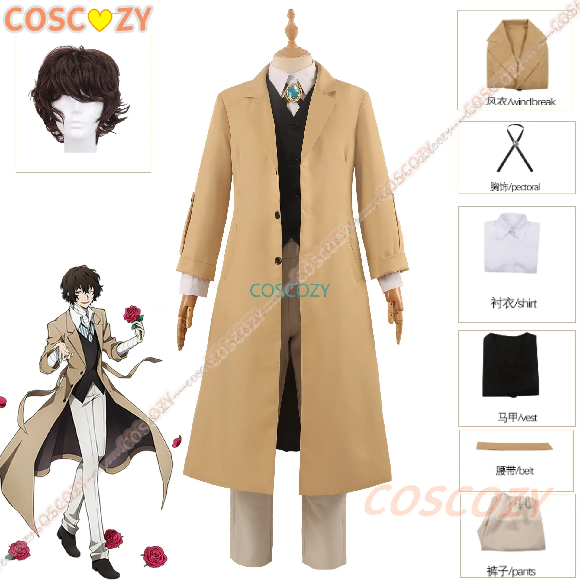 

Anime Bungo Stray Dogs Osamu Dazai Cosplay Costume Long Jacket Coat Set Wig Halloween Christmas Costume Convention Suit