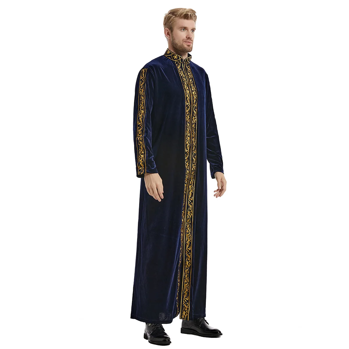 Middle East Muslim Gold Velvet Embroidery Men\'s Robe Arabian Islamic Prayer Dress National Costume Noble Luxury Long-sleeved Top