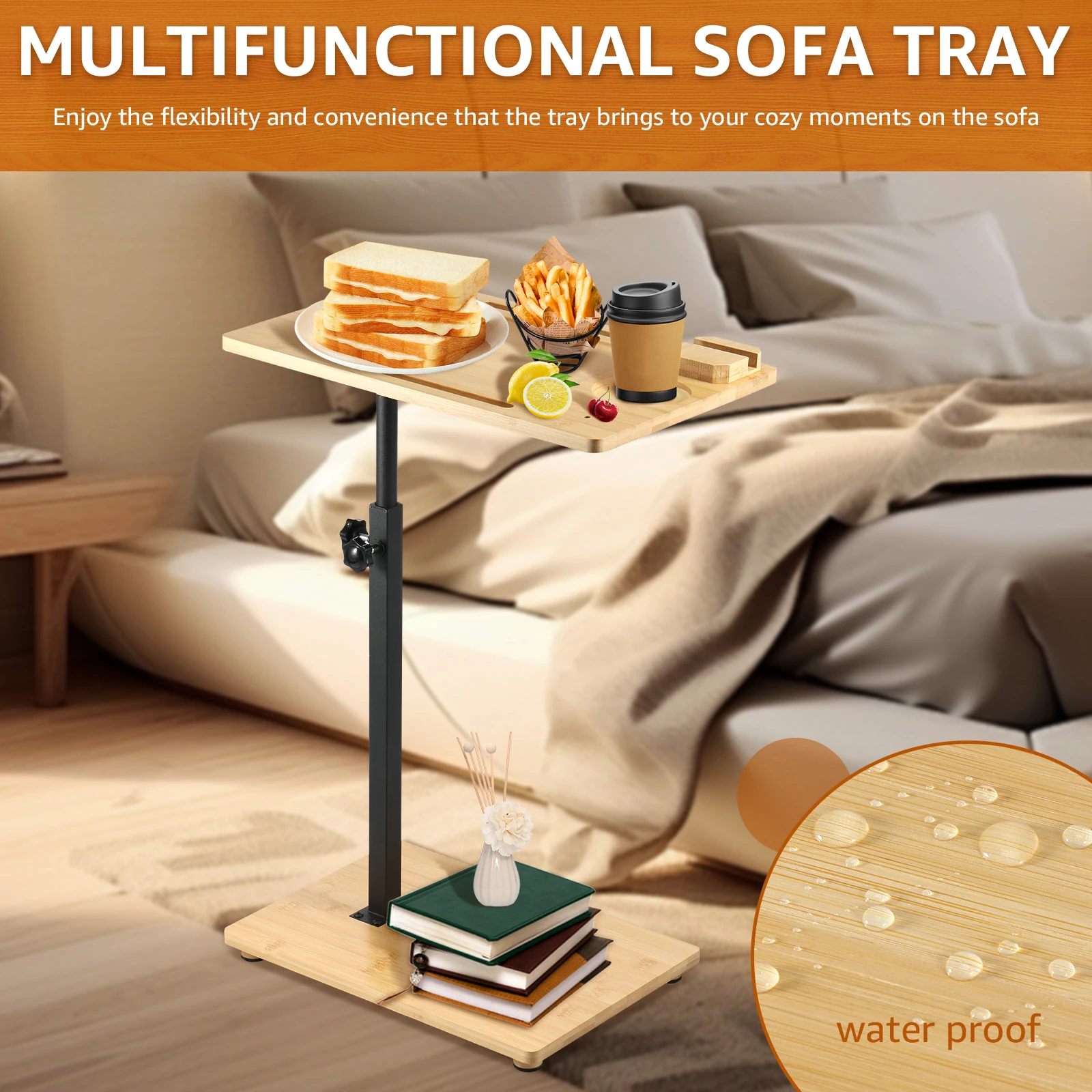 Couch Side Table 360&deg; Swivel Sofa Tray Table Height Adjustable End for Bed or Chair with Phone and Tablet Slots Practical