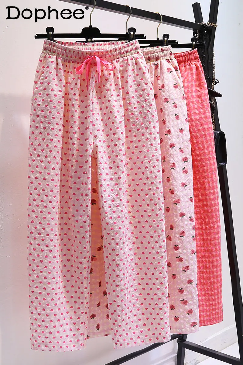 

Pink Bubble Cotton Linen Plaid Casual Pants for Women 2023 Summer New High Waist Loose and Slimming Straight Thin Wide Leg Pants