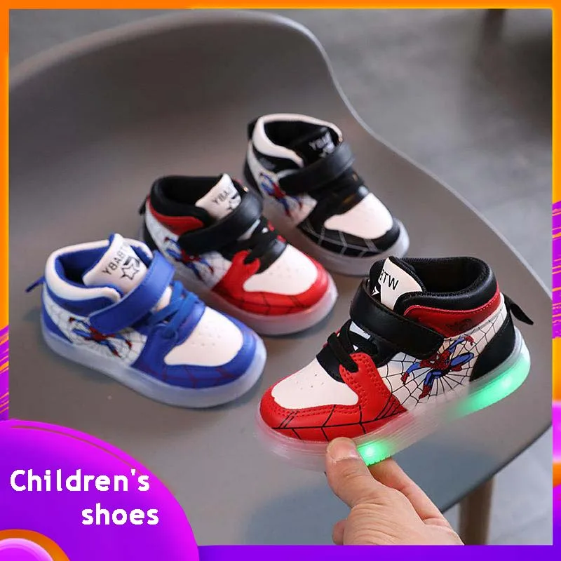 

Spider Man Sneakers Boys Led Flash Light Toddler Girl Kawaii Cute Cartoon Sport Shoes Walkers Glowing Shoes Size 21-30 Gifts Kid