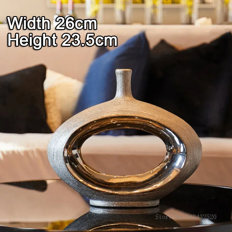 European-style Electroplating Silver Ceramic Oval Vase, Home Bedroom Living Room Wedding Hotel Flower Shop Decoration Vases, 1Pc