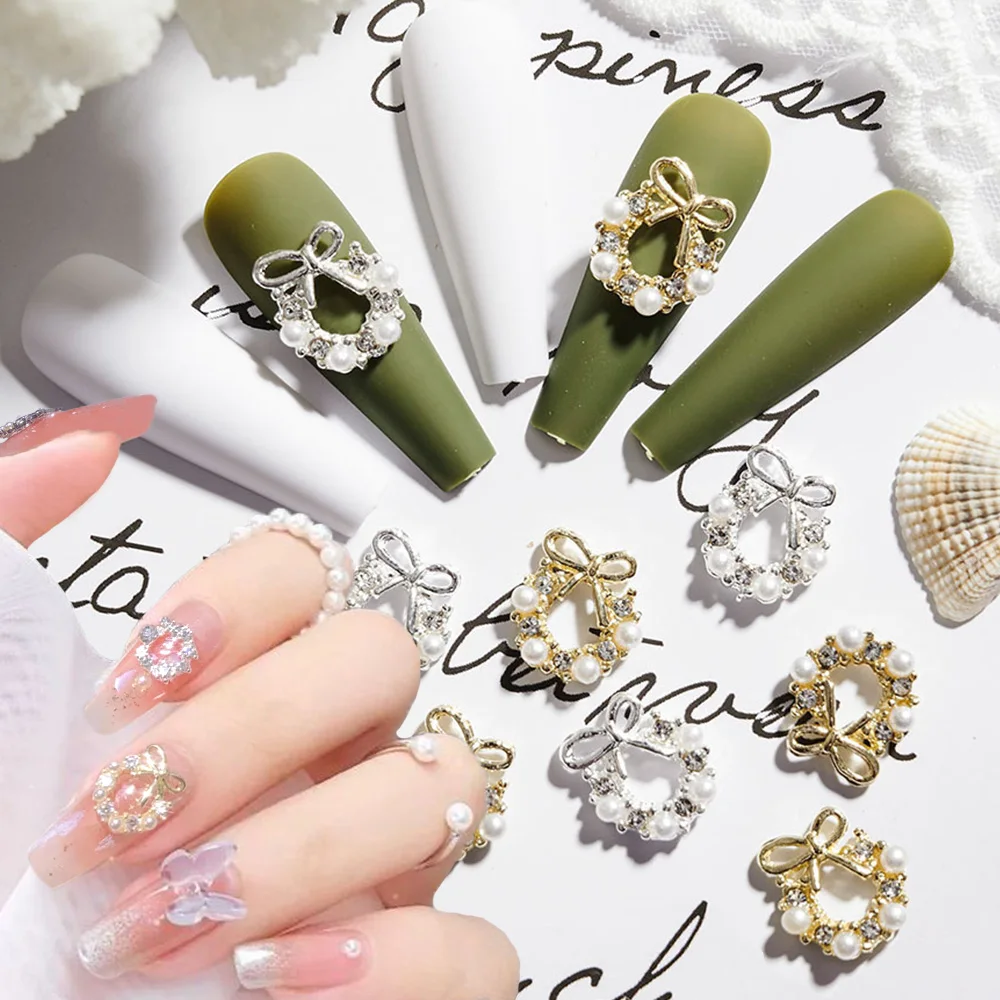 

10Pcs Garland Bowknot Nail Charms Pearl Zircon Nail Rhinestone Christmas Wreath Nail Design Crystals Jewelry Nail Art Decoration