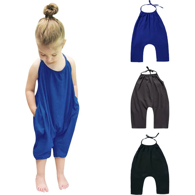 Summer Toddler One-Piece Girls Romper Jumpsuit Clothes Kids Baby Solid Cotton Outwear Bodysuit Children Harem Pants Strap Backle