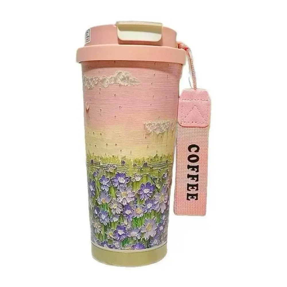 Large Capacity 500ml Portable Insulated Stainless Steel Coffee Mug with Lanyard