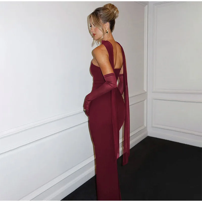 Vintage Pleated Tube Long Dresses Women Elegant Solid Slim Fit Sleeveless Dress With Silk Scarf Gloves Female Summer Evening