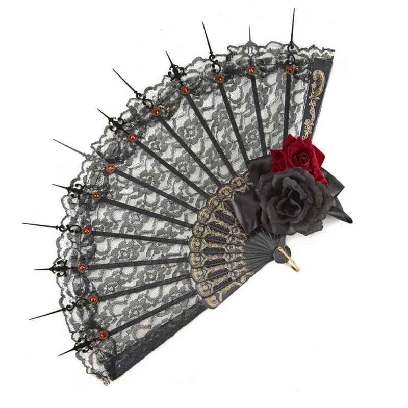 

Кружевные цветы для веера со стразами, готический веер в стиле Лолиты, складной ручной веер