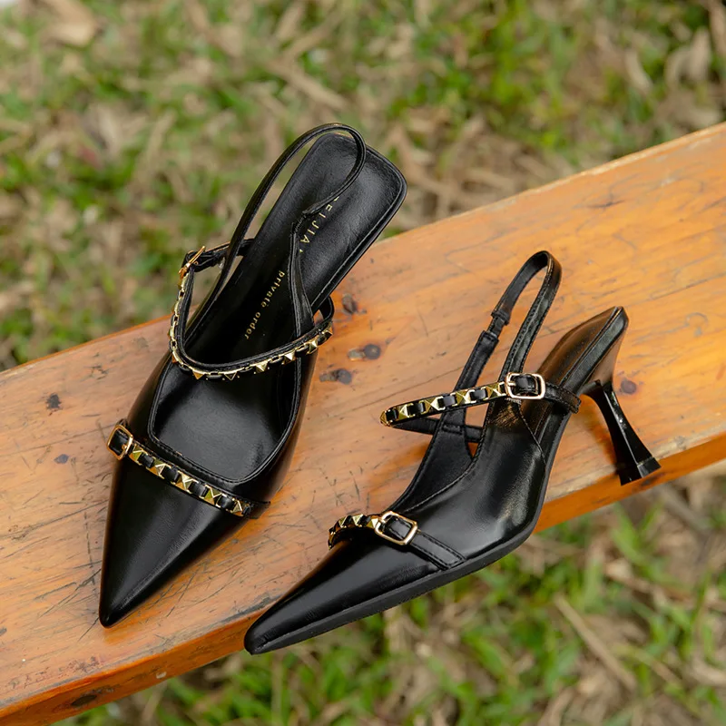 Sheepskin rivet decoration pointed high heels, women's slim heels, one line with toe sandals, exuding a summer vibe