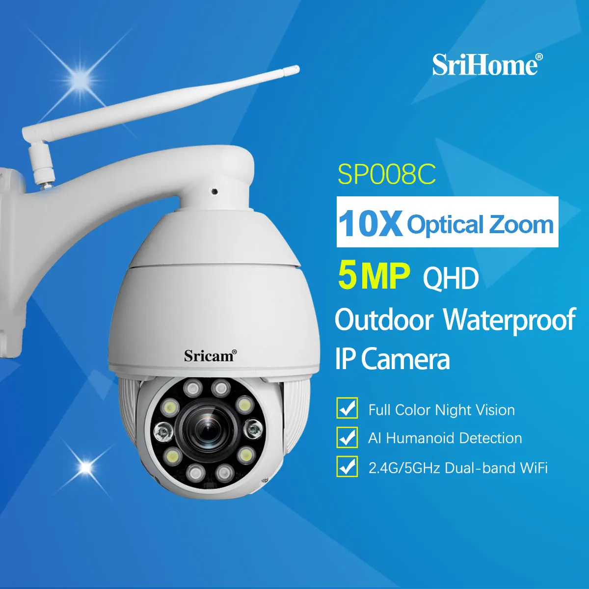 Sricam SP008C 5.0MP 10X Zoom Security Protection Wifi IP Cameras Outdoor IP66 Waterproof Onvif Video Surveillance CCTV System misecu h 265 nvr 8ch 5mp 4mp wireless recorder wifi cctv ip camera security protection system p2p hdmi xmeye network video onvif