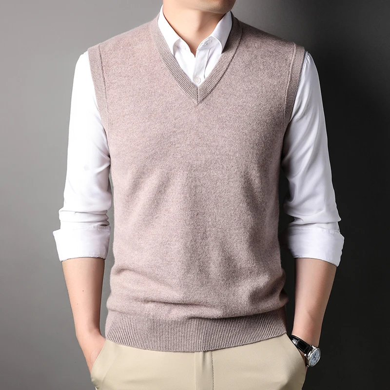 [Pure Wool Vest] Fall Winter Men New V neck Sweater Vest Business