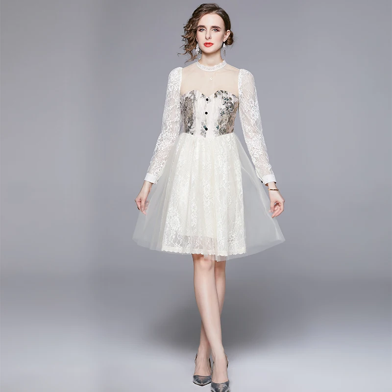 

Court Style Lace Jacquard Dress Women 2023 Spring New French Vintage Waist Wrapped Princess Dress