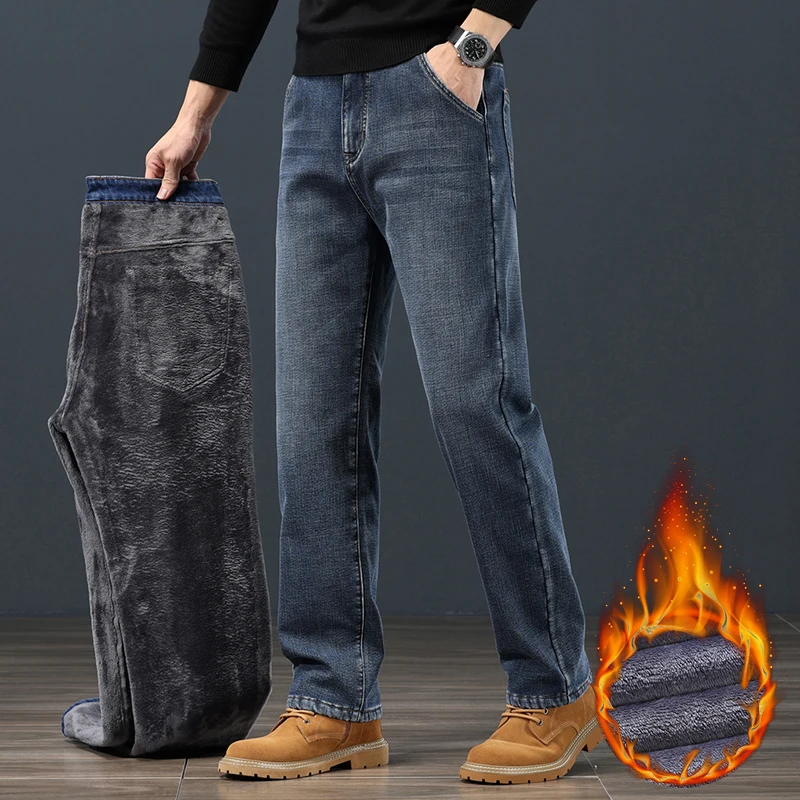 Winter Fleece Men Jeans Classic Loose Straight Warm Thicken Trousers Business Casual Velvet Elastic Denim Pants Plus Size 42 44 3