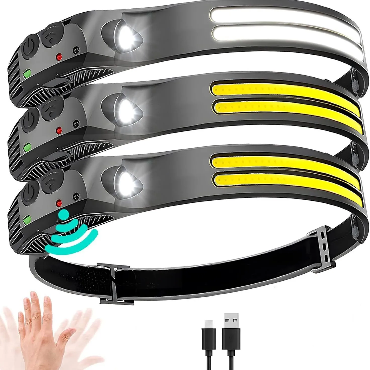 6 가지 모드 LED 유도 전조등 COB 센서 헤드 램프 충전식 내장 배터리 손전등 야외 작업 조명 헤드 라이트