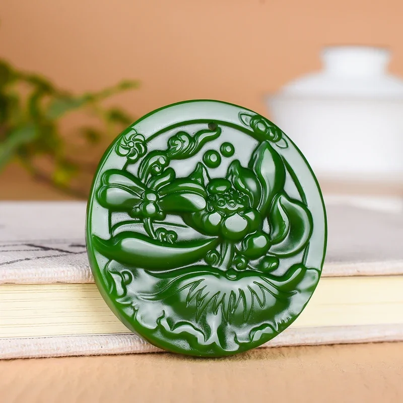 

Jade Lotus Pendant Green Jewelry Vintage Accessories Man Gifts for Women Carved Amulets Necklaces Charms Natural Necklace