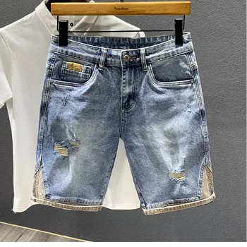 Pantaloncini di jeans di fascia alta alla moda Jeans a cinque pezzi a vita media da uomo 2024 Pantaloni maschili alla moda impiombati stile estivo sottile di lusso 1