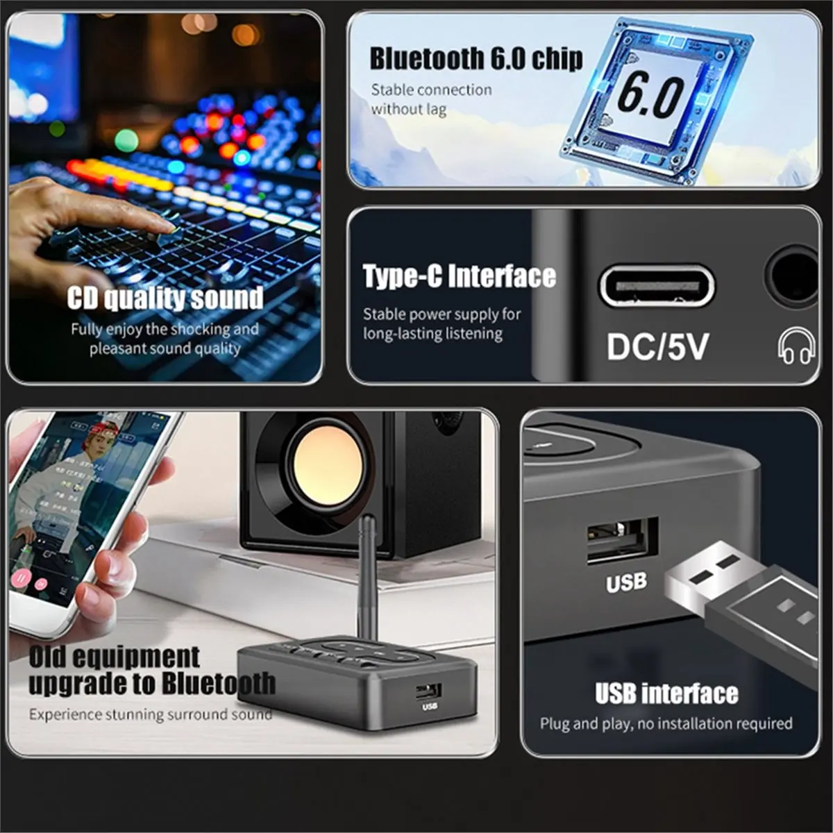 (ABDH) 차량용 USB 플래시 드라이브, 블루투스 오디오 플레이어, AUX 통화용, RCA 무선 오디오 어댑터용 새로운 블루투스 6.0 수신기